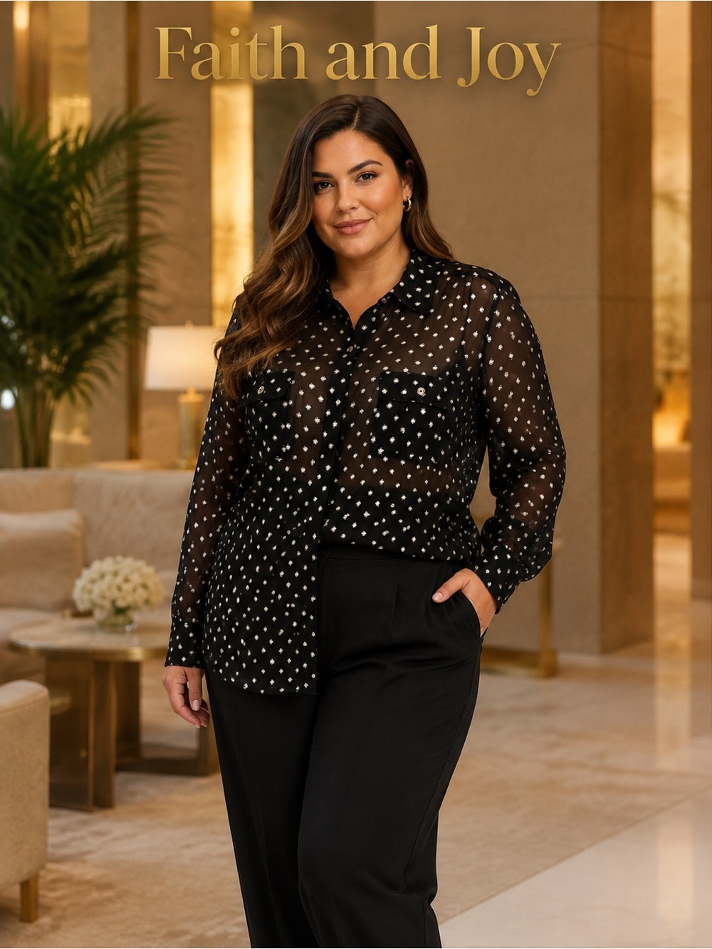 Faith and Joy Black Silver Metallic Polka Dot Sheer Button-Up Blouse PXL